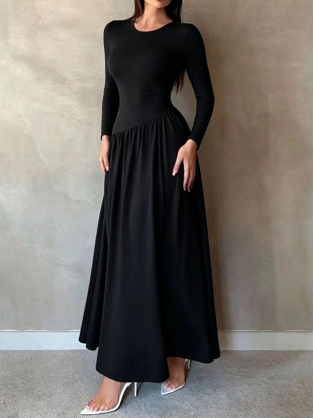 Asymmetric Waist Long Sleeve Knit Maxi Dress - Black