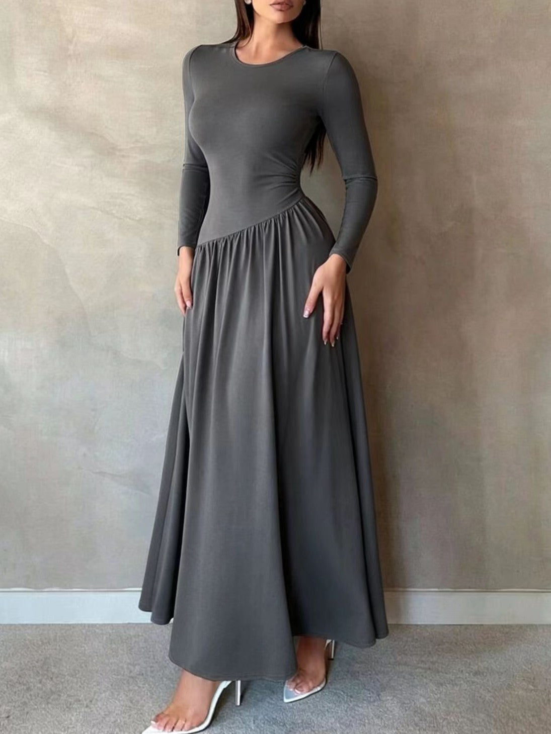 Asymmetric Waist Long Sleeve Knit Maxi Dress - DarkGrey
