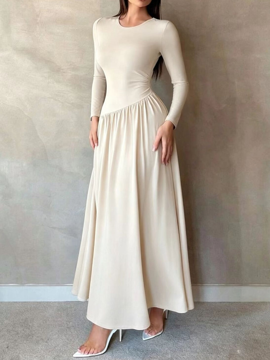 Asymmetric Waist Long Sleeve Knit Maxi Dress - Ivory