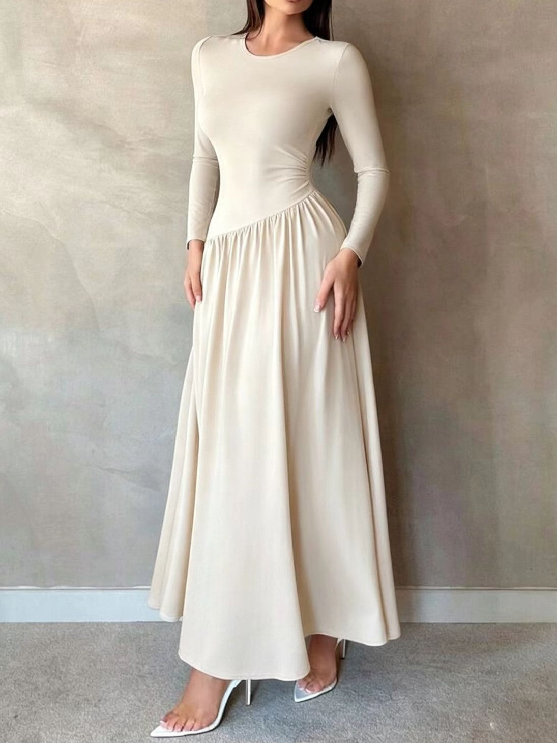 Asymmetric Waist Long Sleeve Knit Maxi Dress - Ivory
