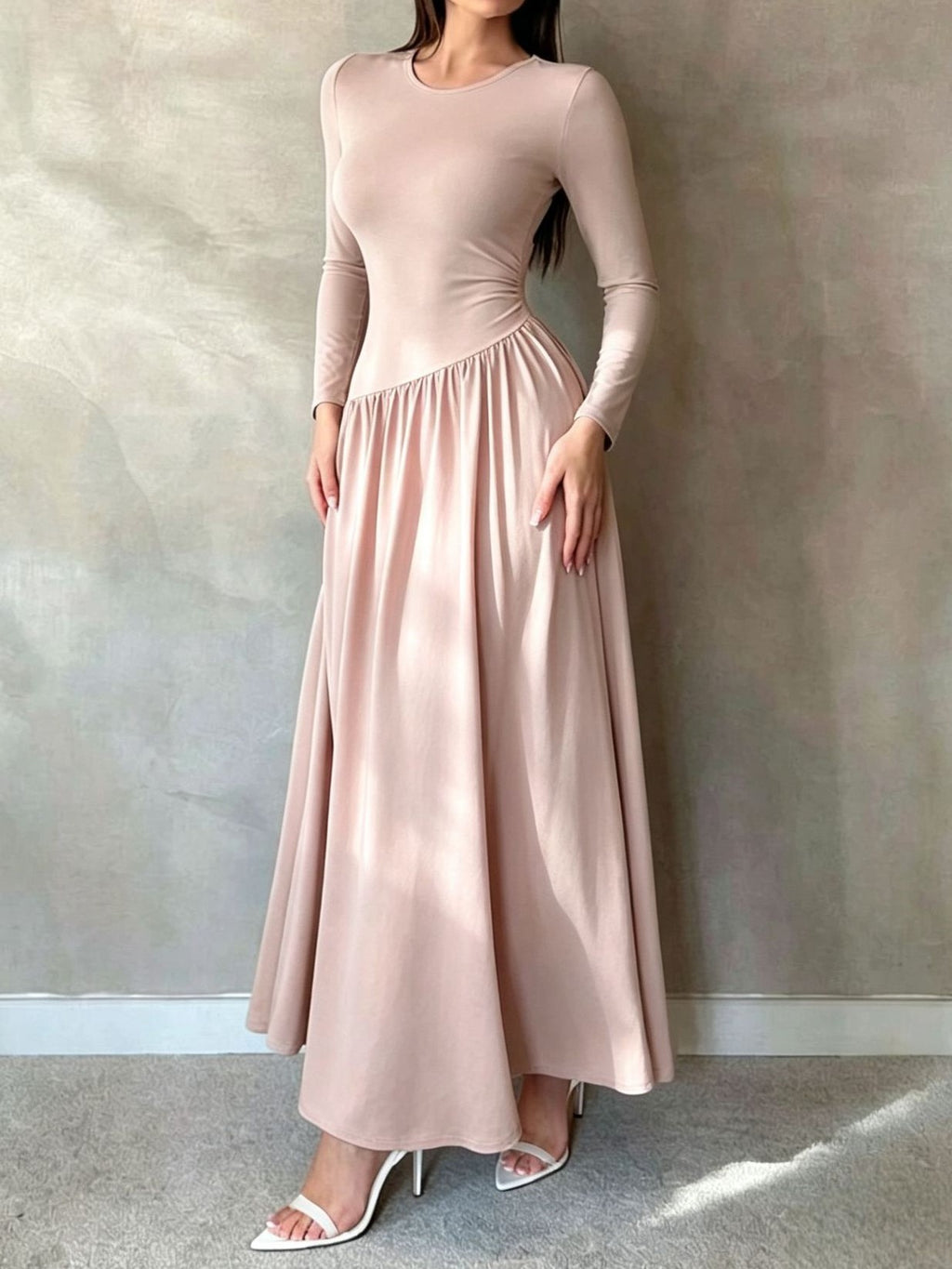 Asymmetric Waist Long Sleeve Knit Maxi Dress - Lotus