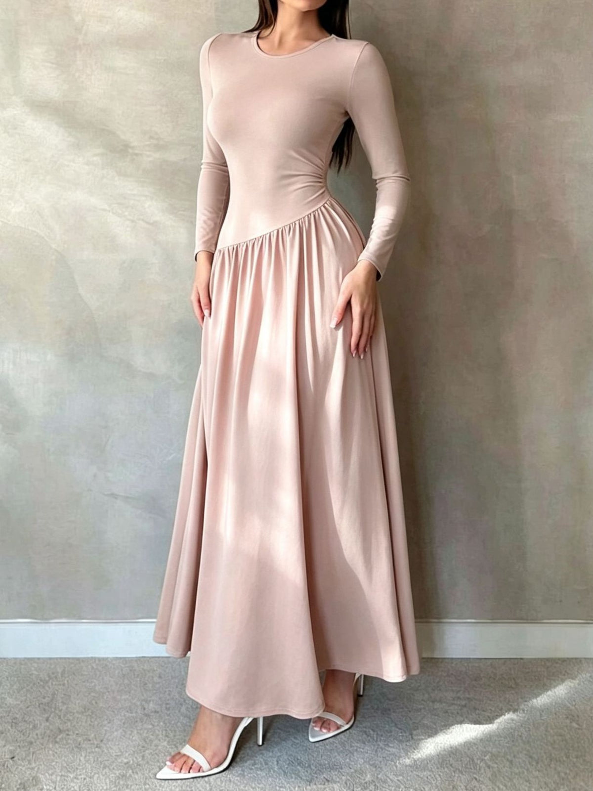 Asymmetric Waist Long Sleeve Knit Maxi Dress - Lotus
