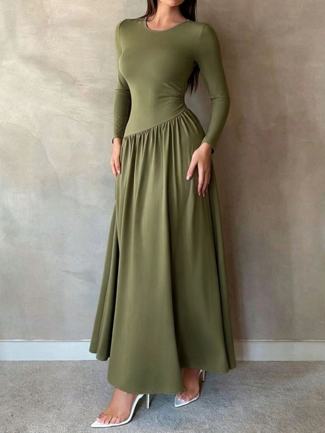 Asymmetric Waist Long Sleeve Knit Maxi Dress - Olive