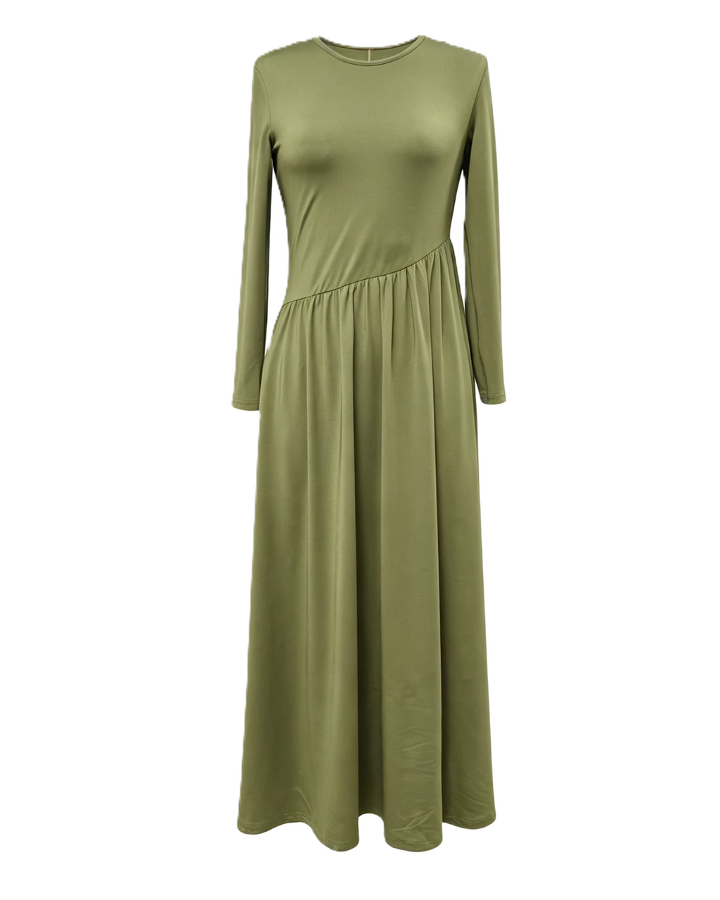 Asymmetric Waist Long Sleeve Knit Maxi Dress - Olive - 1