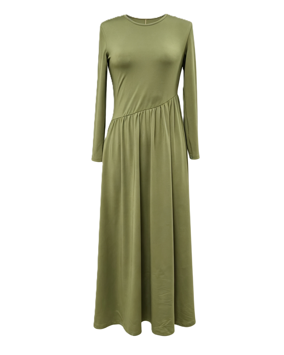 Asymmetric Waist Long Sleeve Knit Maxi Dress - Olive - 1