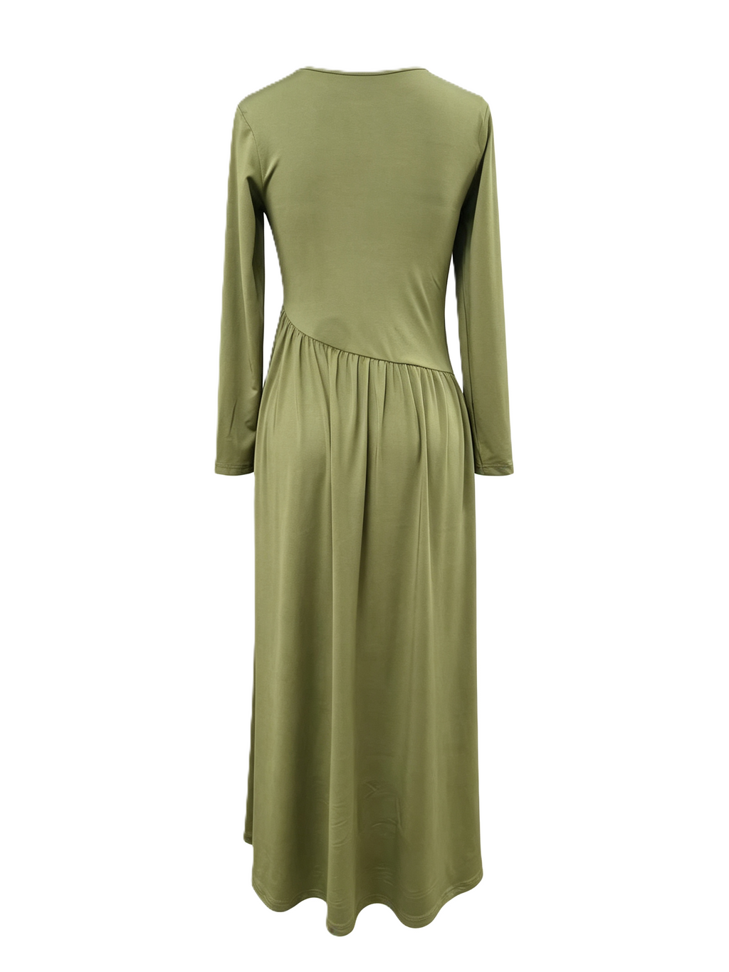 Asymmetric Waist Long Sleeve Knit Maxi Dress - Olive - 2