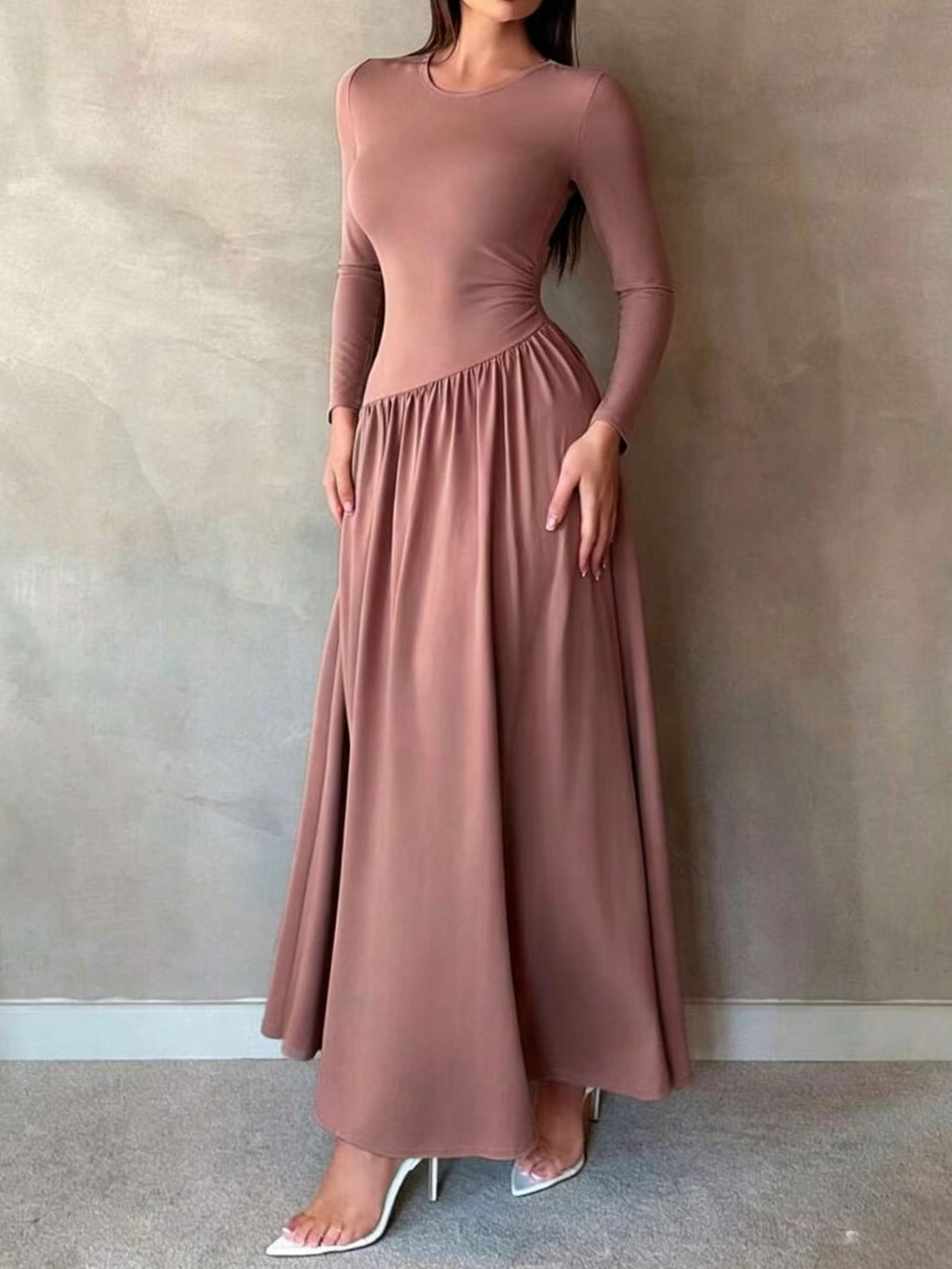 Asymmetric Waist Long Sleeve Knit Maxi Dress - Rouge