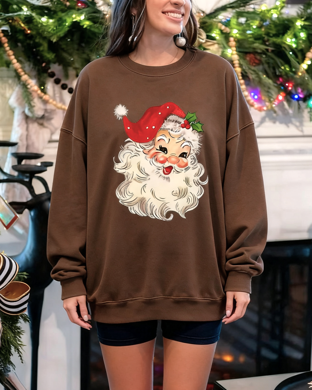 Retro Santa Graphic Drop Shoulder Sweatshirt - Coffee - 1