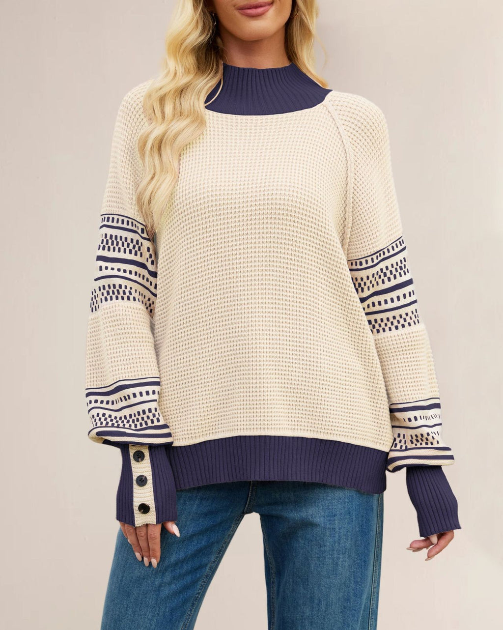 Striped Sleeve Mock Neck Sweater with Button Cuffs - Apricot