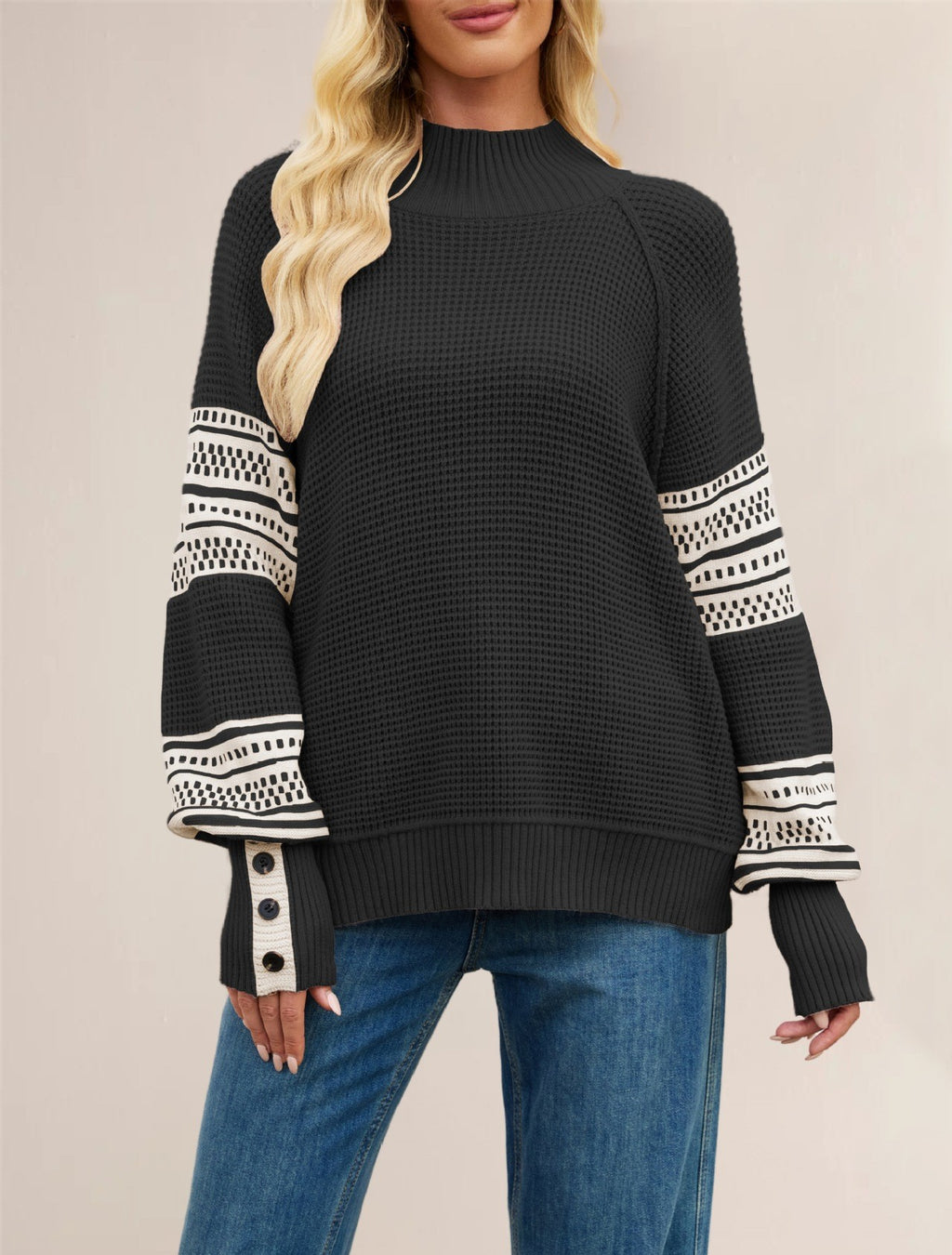 Striped Sleeve Mock Neck Sweater with Button Cuffs - Black