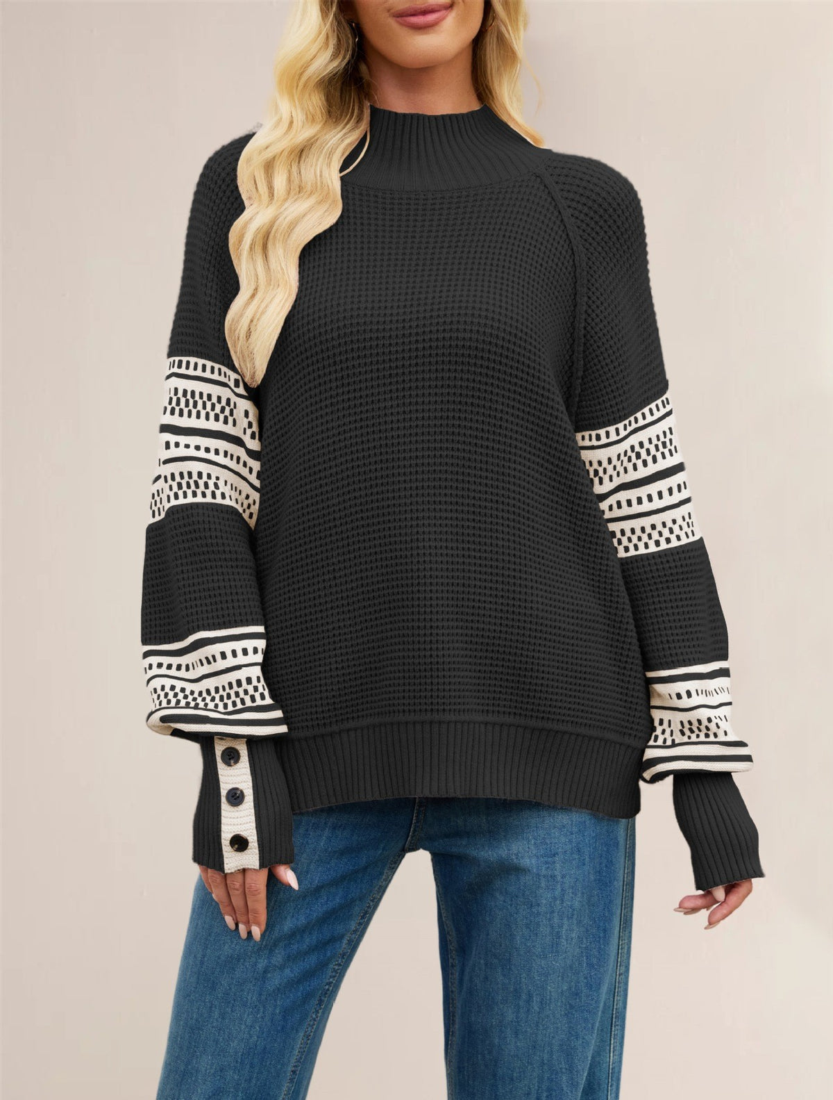 Striped Sleeve Mock Neck Sweater with Button Cuffs - Black