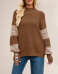 Striped Sleeve Mock Neck Sweater with Button Cuffs - Coffee