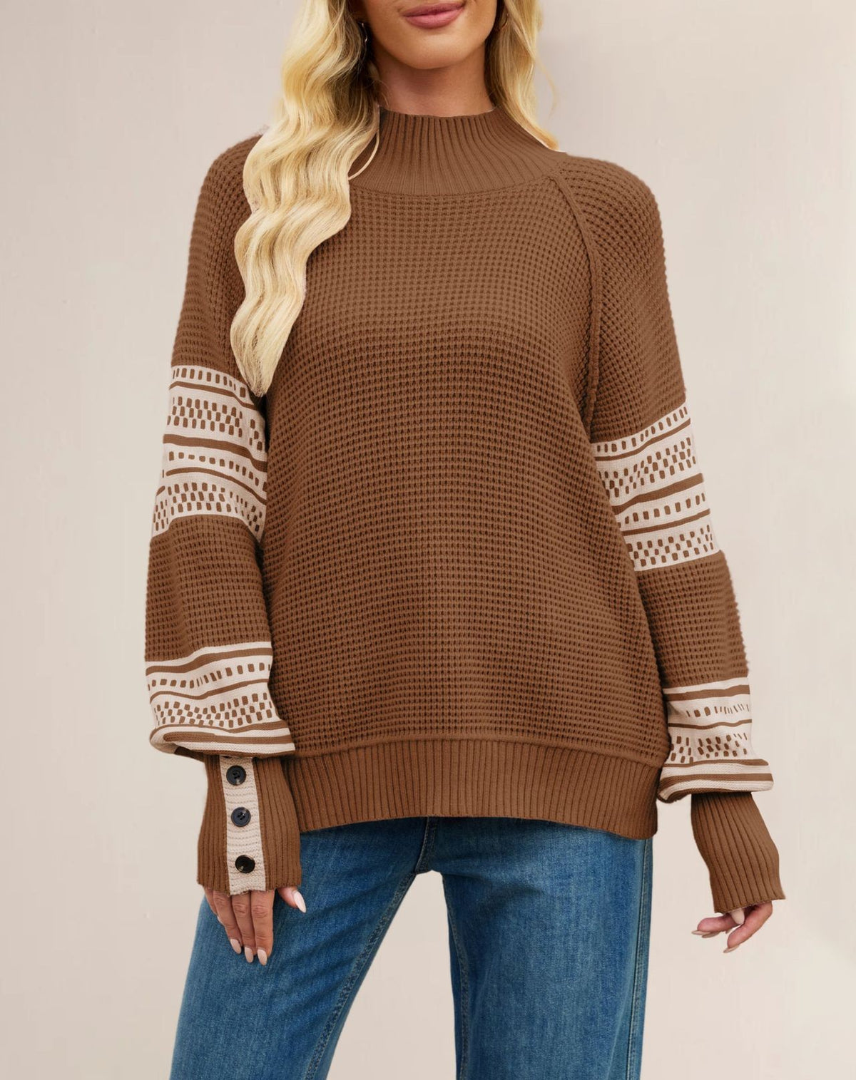 Striped Sleeve Mock Neck Sweater with Button Cuffs - Coffee