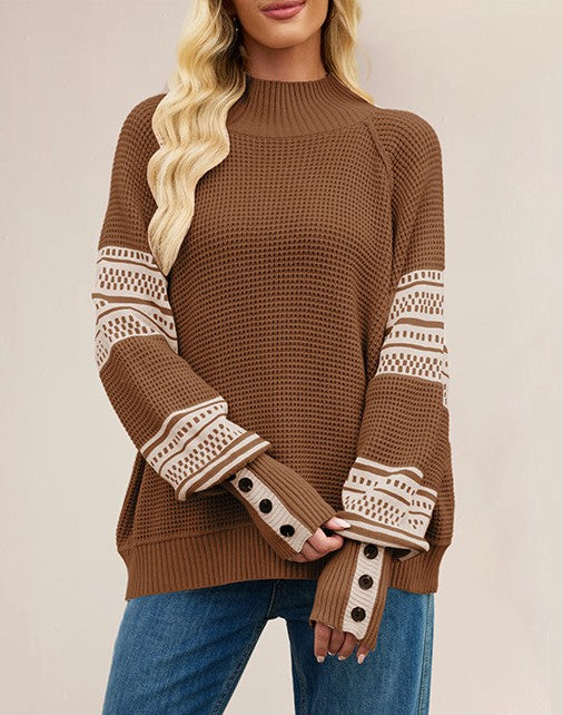 Striped Sleeve Mock Neck Sweater with Button Cuffs