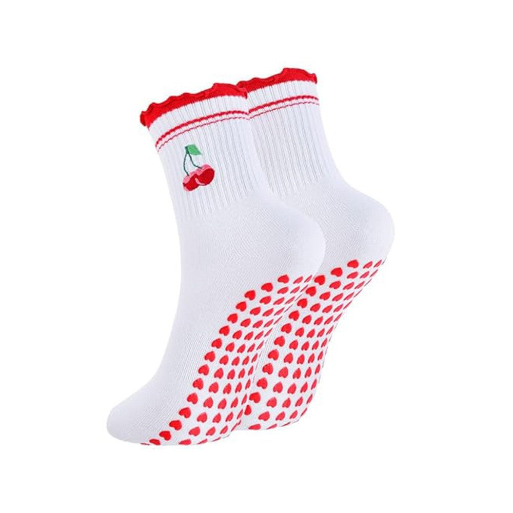 Embroidered Cuff Grip Socks with Heart Print Soles - C1