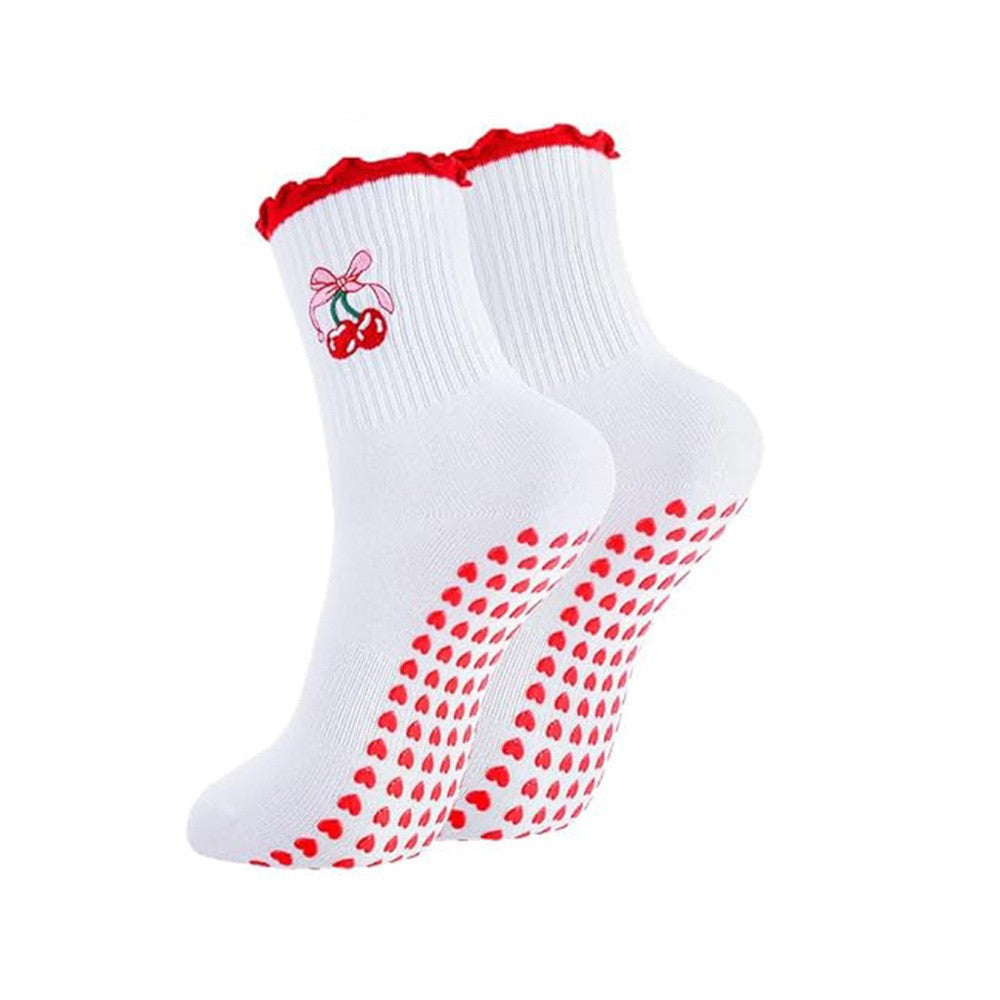Embroidered Cuff Grip Socks with Heart Print Soles - C3