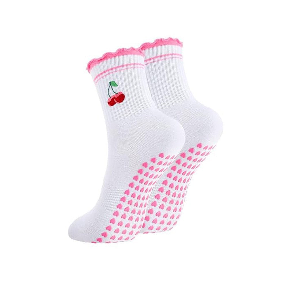 Embroidered Cuff Grip Socks with Heart Print Soles - C4