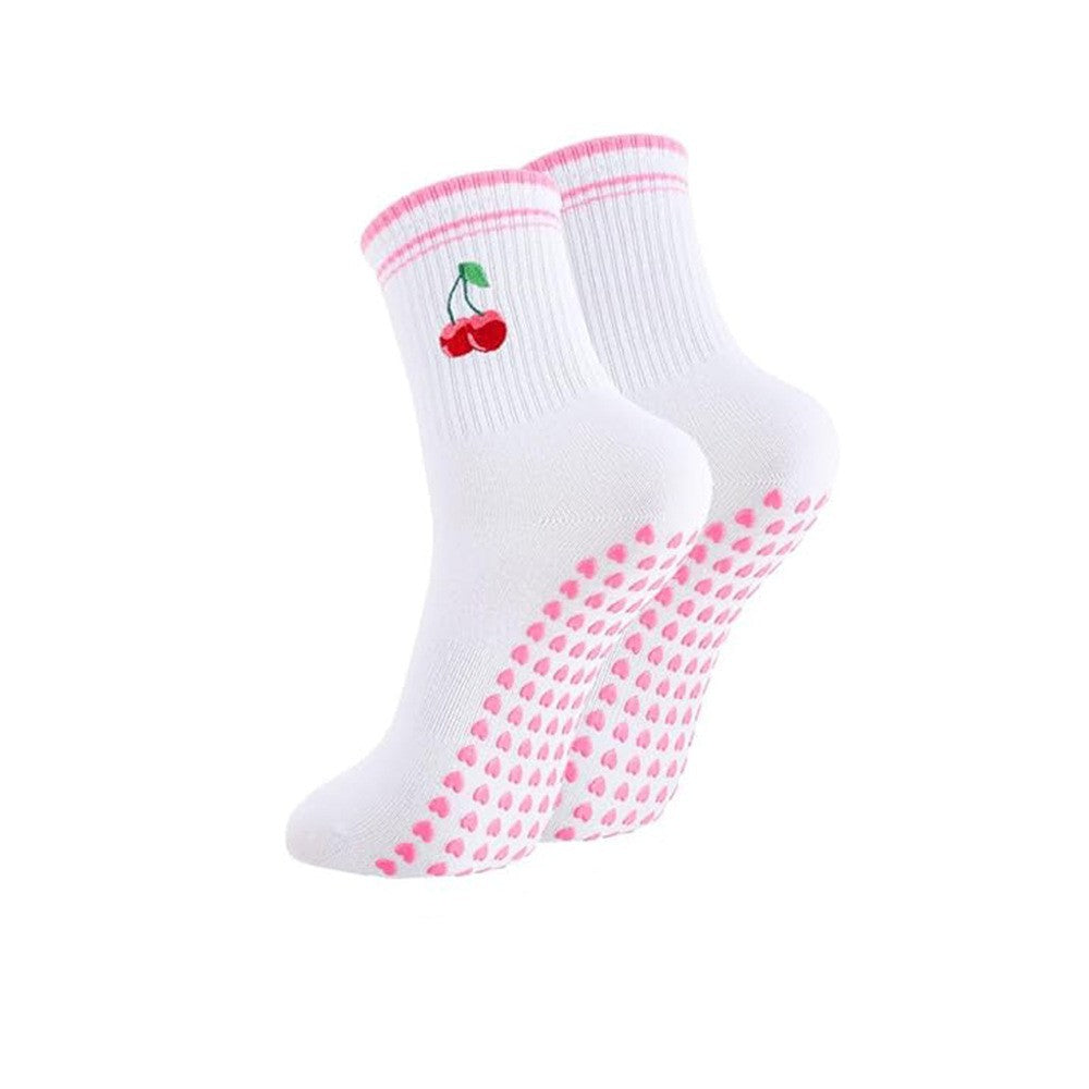 Embroidered Cuff Grip Socks with Heart Print Soles - C5