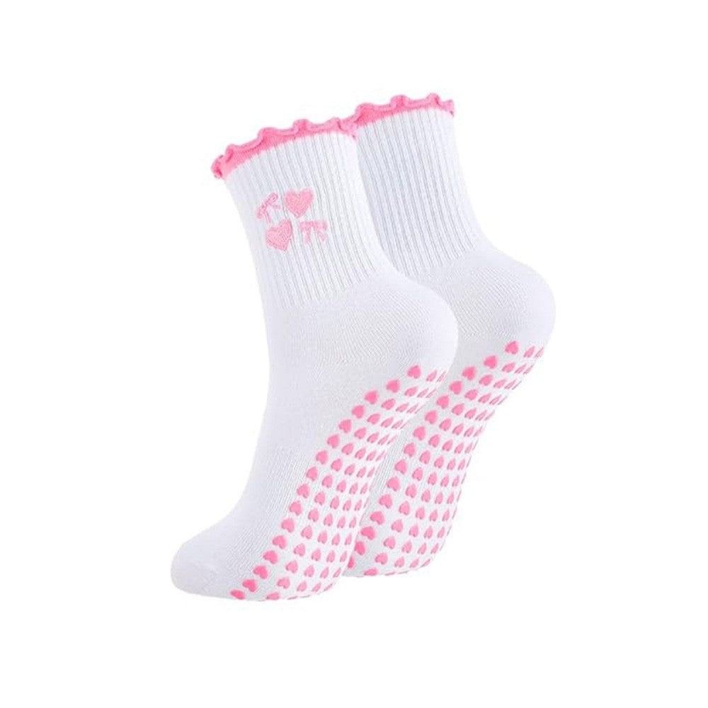 Embroidered Cuff Grip Socks with Heart Print Soles - C6