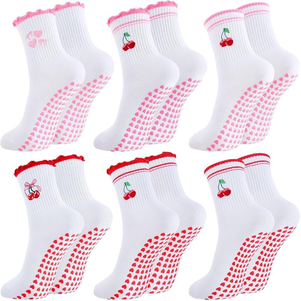 Embroidered Cuff Grip Socks with Heart Print Soles