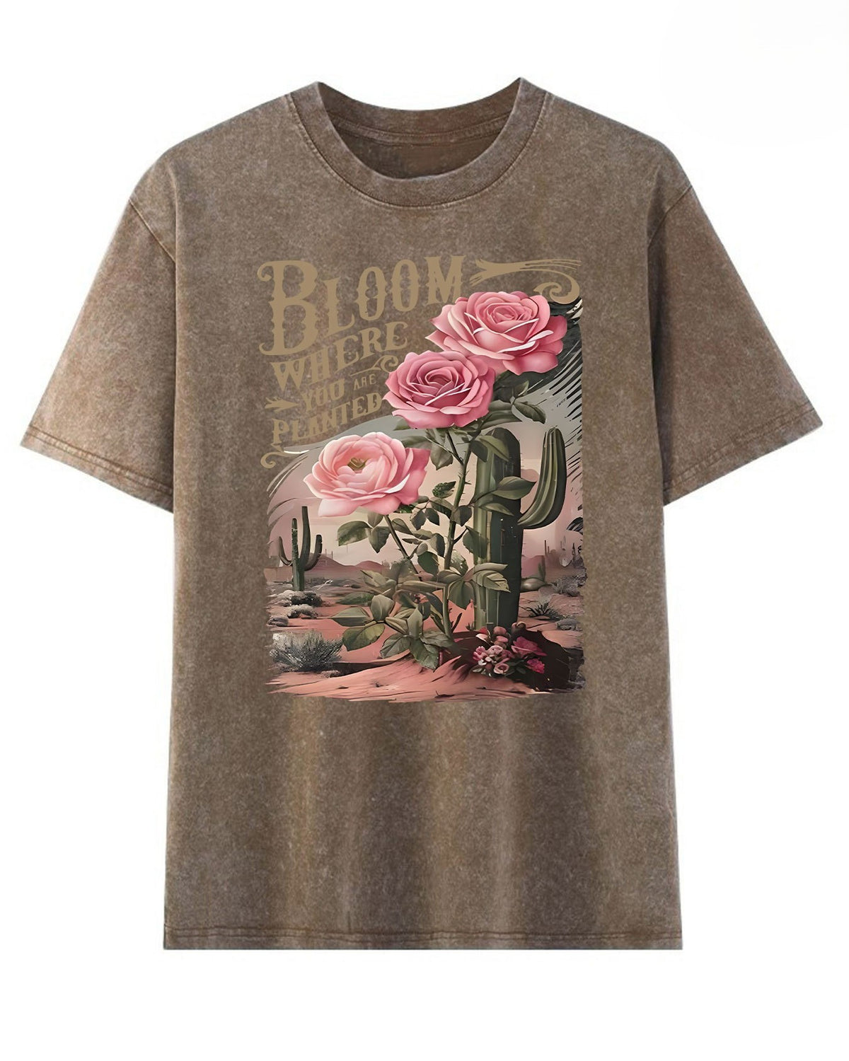 Desert Cactus Floral Graphic Short Sleeve Tee - Coffee