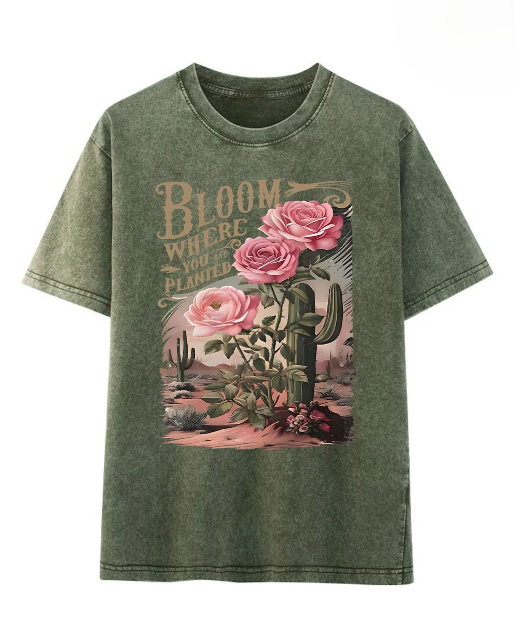 Desert Cactus Floral Graphic Short Sleeve Tee - Green