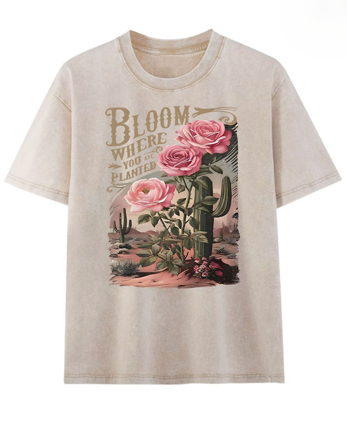 Desert Cactus Floral Graphic Short Sleeve Tee - Khaki