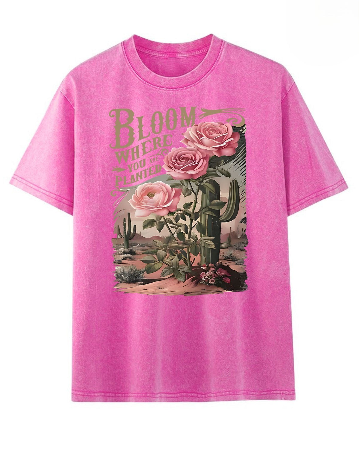 Desert Cactus Floral Graphic Short Sleeve Tee - Rose-Red