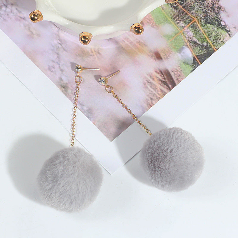 Oversized Pom Pom Chain Drop Earrings - Grey