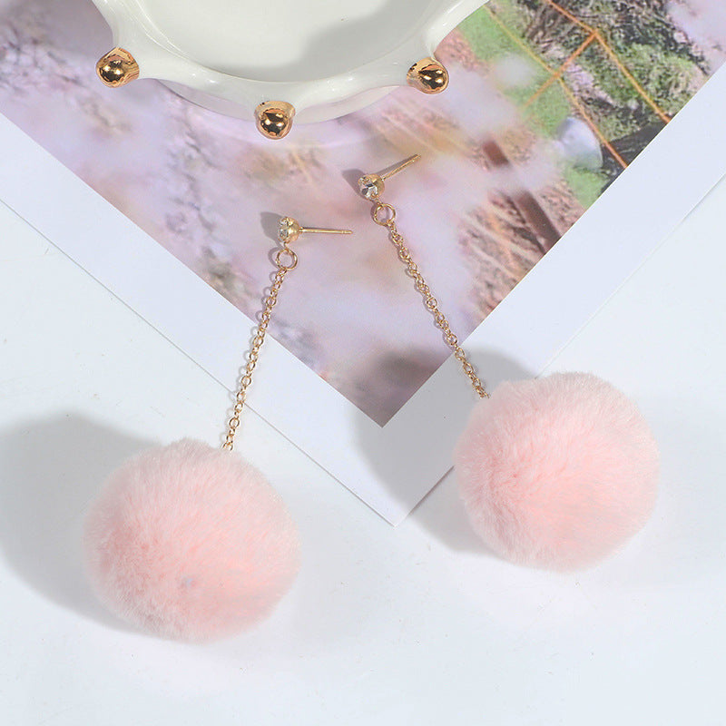 Oversized Pom Pom Chain Drop Earrings - Pink - 1