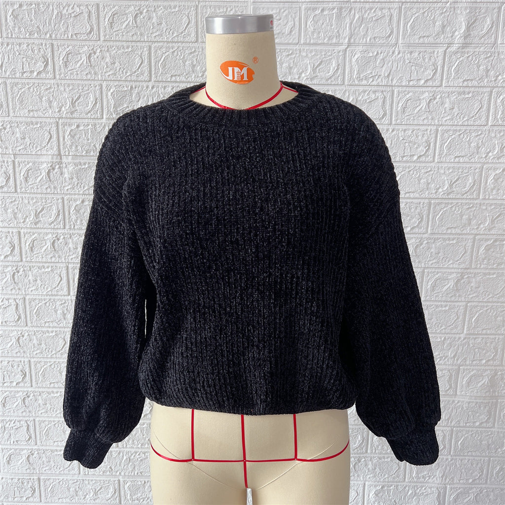 Chenille Balloon Sleeve Crew Neck Sweater - Black