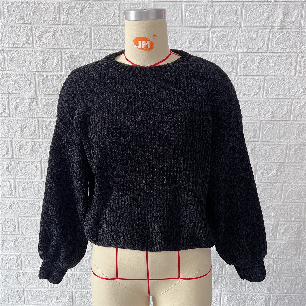 Chenille Balloon Sleeve Crew Neck Sweater - Black