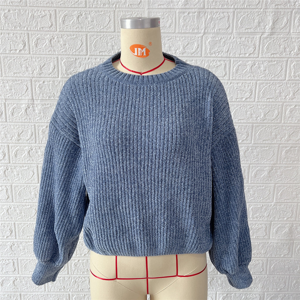 Chenille Balloon Sleeve Crew Neck Sweater - Blue