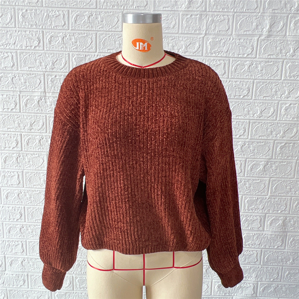 Chenille Balloon Sleeve Crew Neck Sweater - Brown