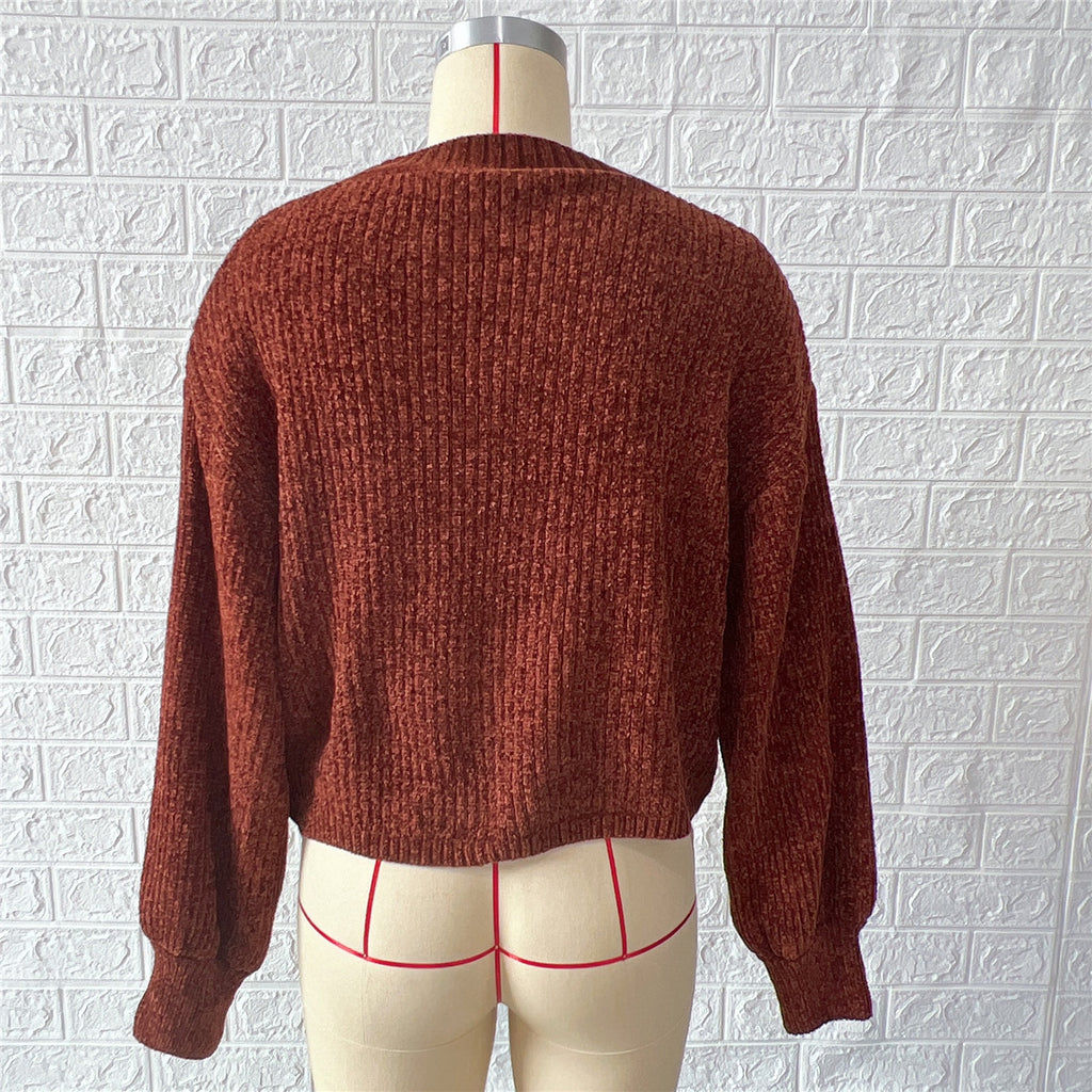 Chenille Balloon Sleeve Crew Neck Sweater - Brown - 1