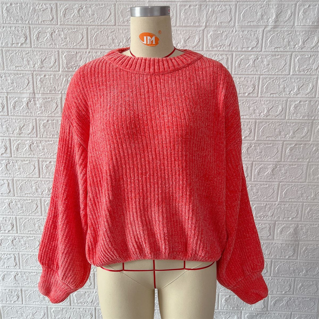 Chenille Balloon Sleeve Crew Neck Sweater - Orange