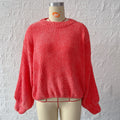 Chenille Balloon Sleeve Crew Neck Sweater - Orange