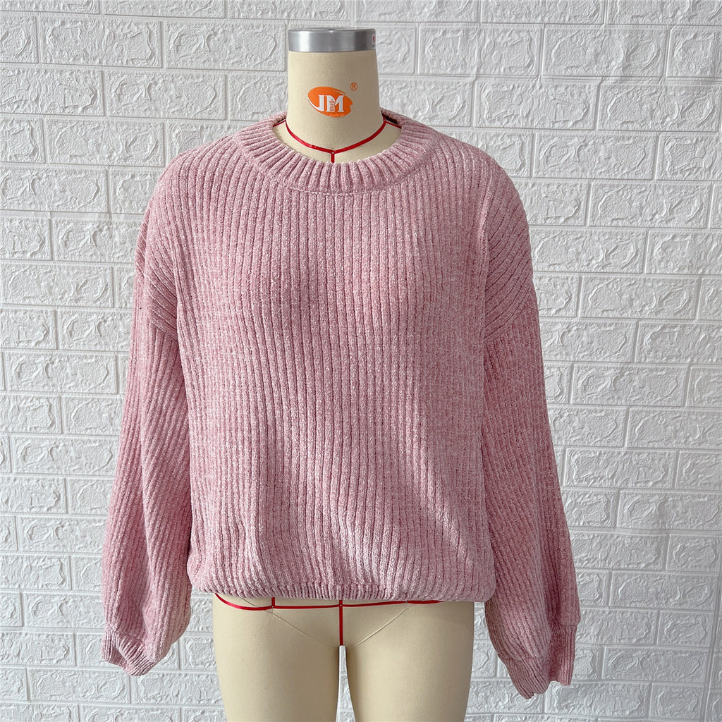 Chenille Balloon Sleeve Crew Neck Sweater - Pink