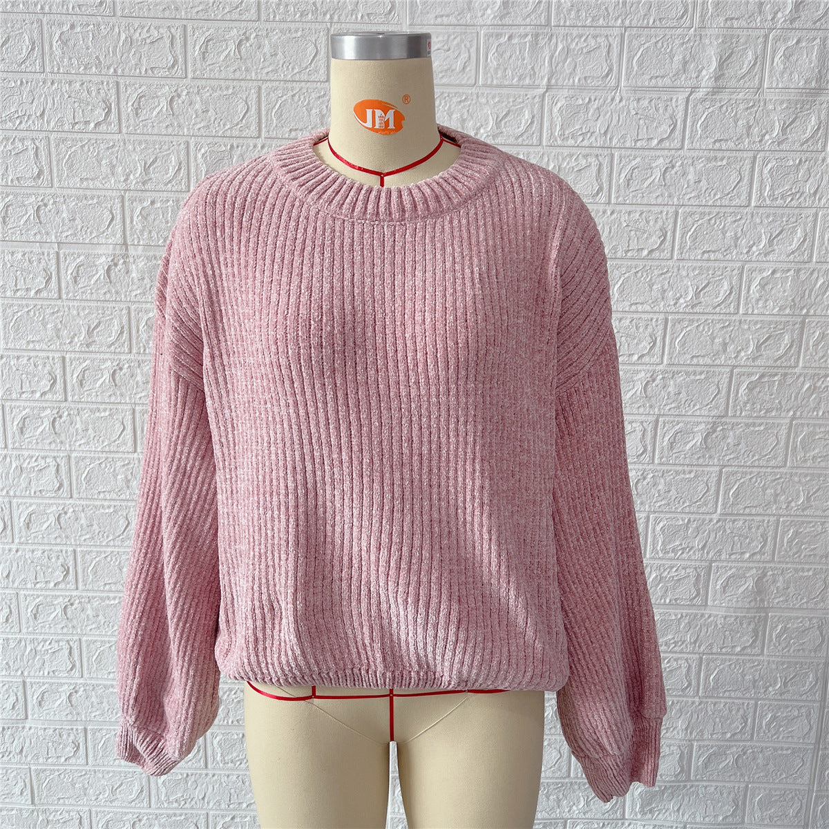 Chenille Balloon Sleeve Crew Neck Sweater - Pink