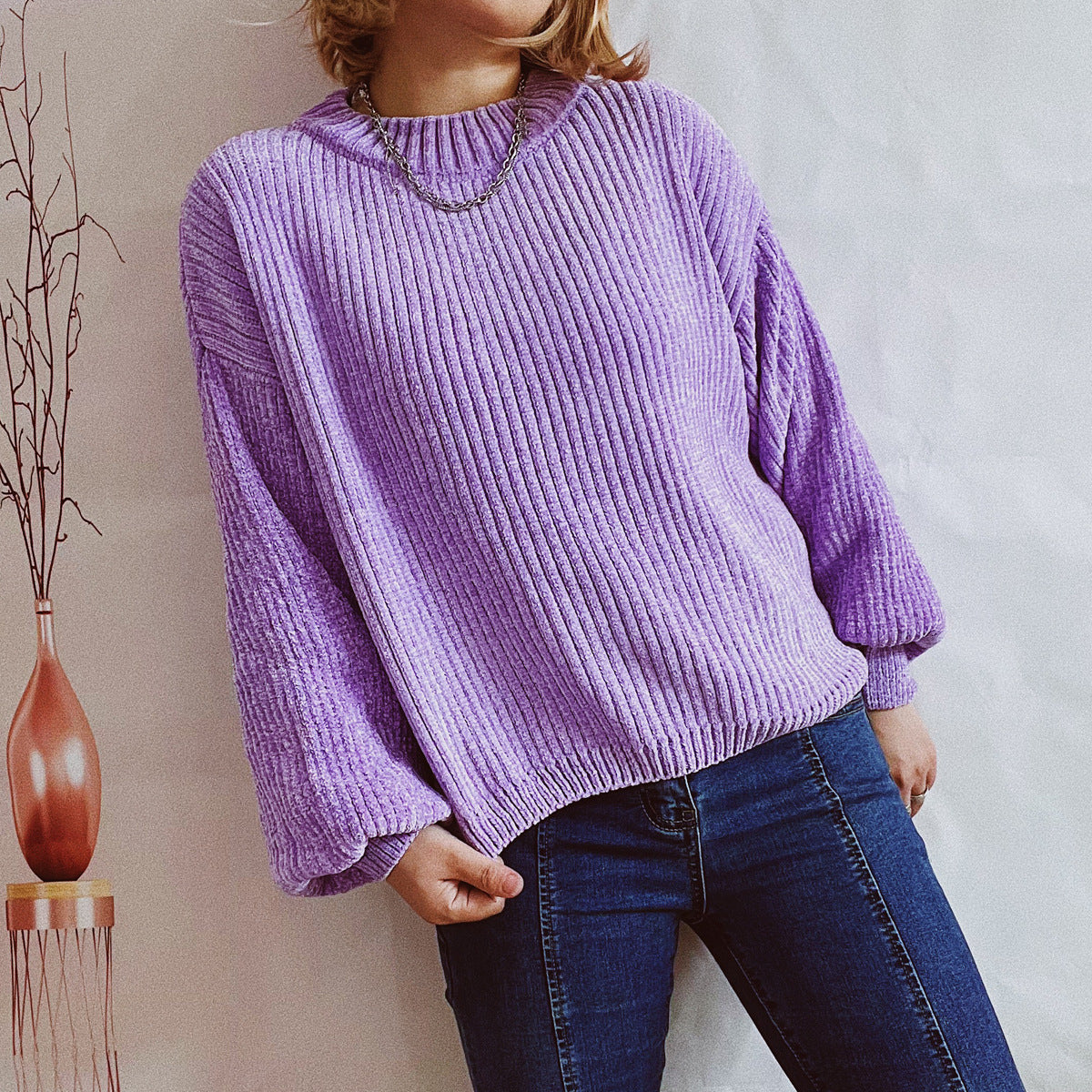 Chenille Balloon Sleeve Crew Neck Sweater - Purple