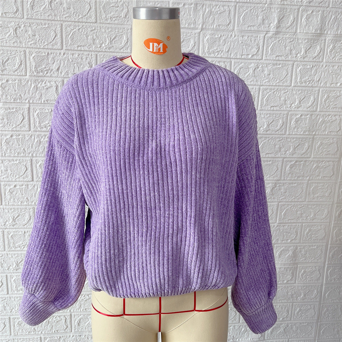 Chenille Balloon Sleeve Crew Neck Sweater - Purple - 1