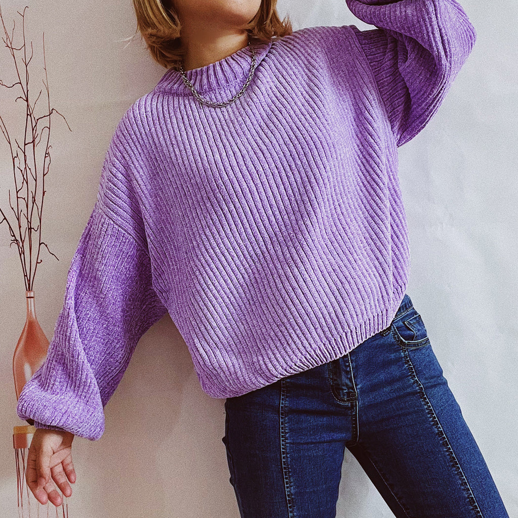 Chenille Balloon Sleeve Crew Neck Sweater - Purple - 2
