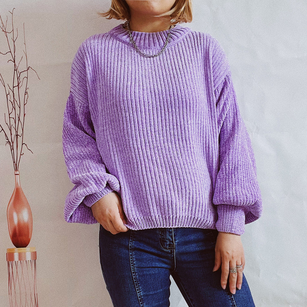 Chenille Balloon Sleeve Crew Neck Sweater - Purple - 3