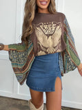 Graphic Tee With Printed Kimono Sleeves - Free