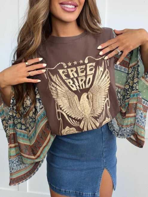 Graphic Tee With Printed Kimono Sleeves - Free - 1