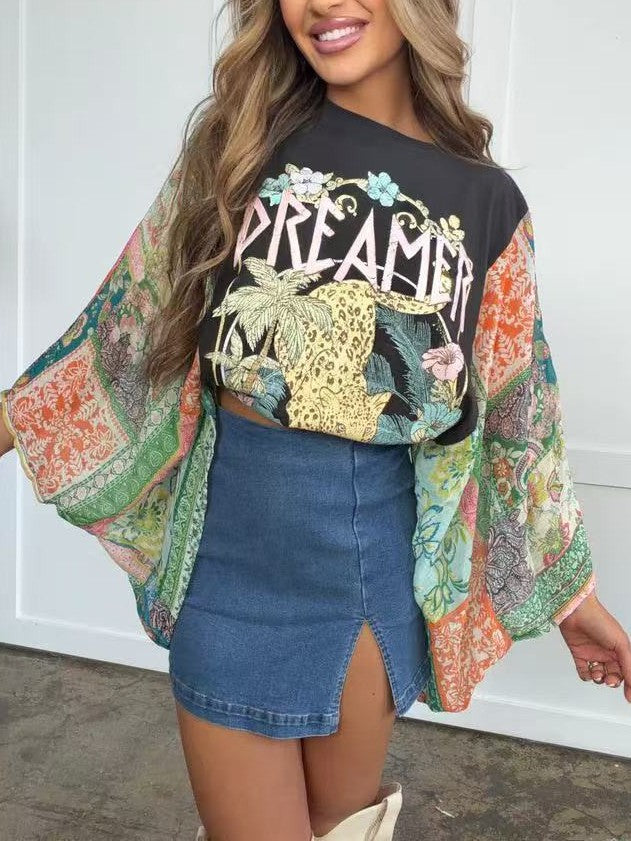 Graphic Tee With Printed Kimono Sleeves - Leo01