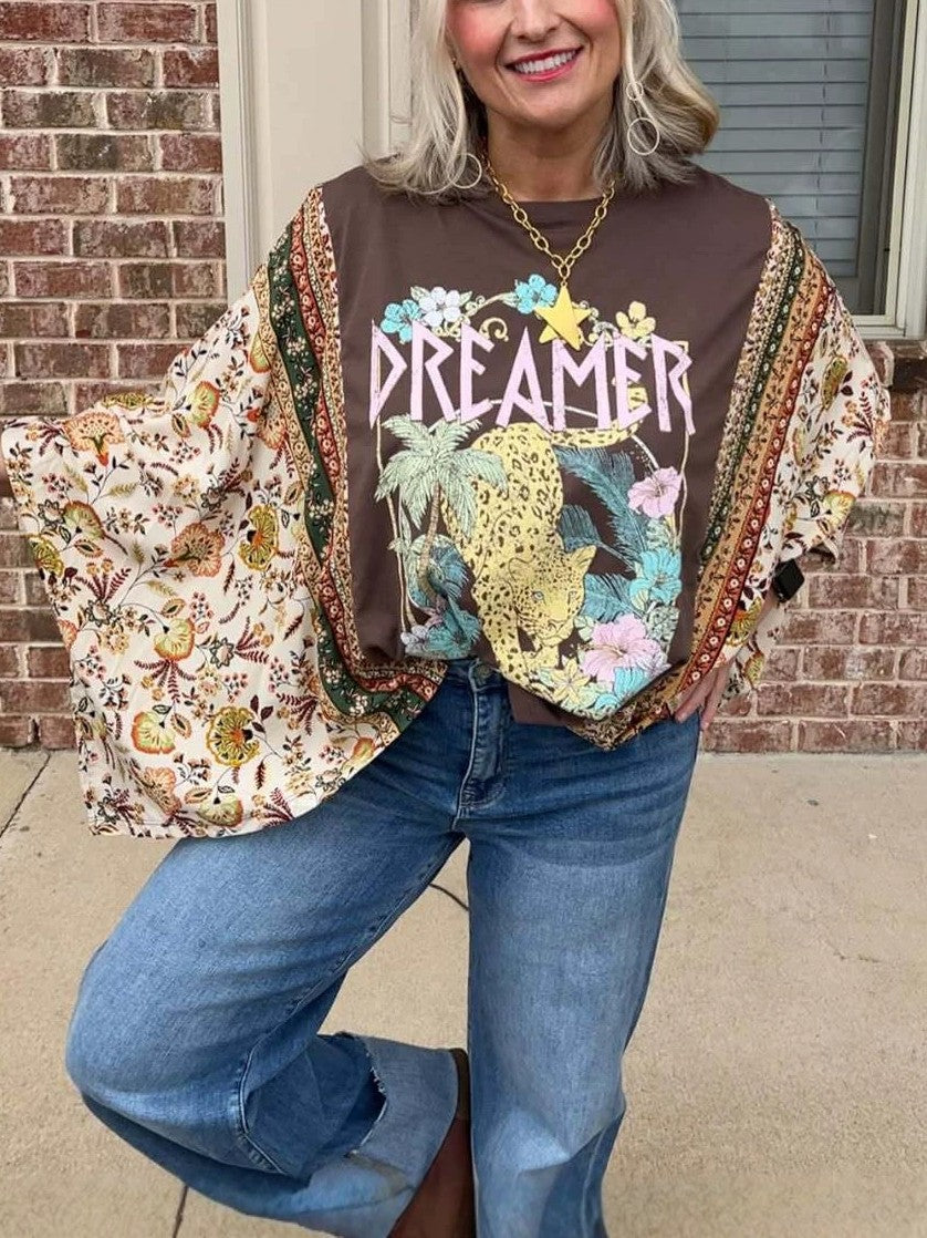 Graphic Tee With Printed Kimono Sleeves - Leo02