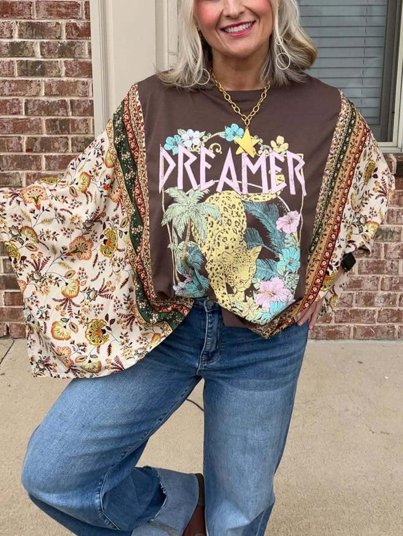 Graphic Tee With Printed Kimono Sleeves - Leo02 - 1