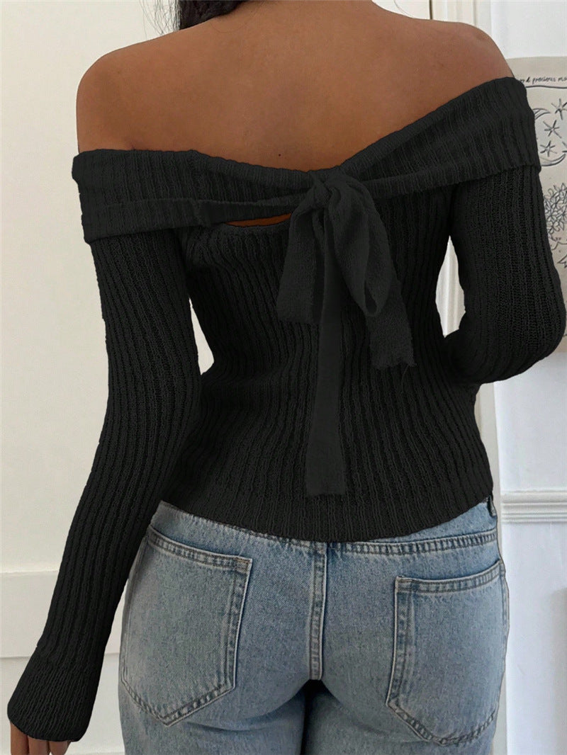 Off Shoulder Bow Back Ribbed Knit Sweater - Black - 4