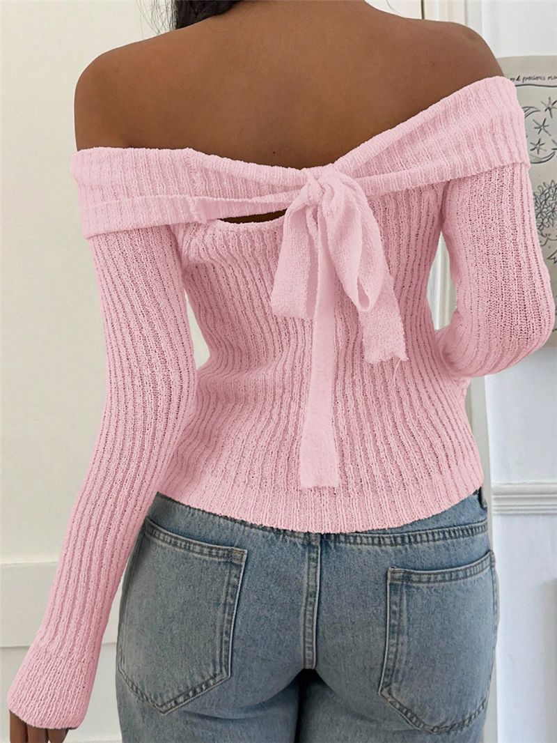 Off Shoulder Bow Back Ribbed Knit Sweater - Pink